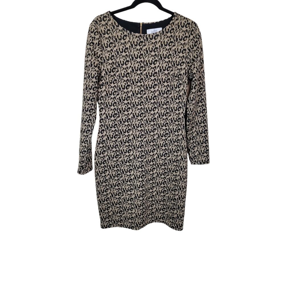 Belle Badgley Mischka Shift Dress Women's 10 Brown Black Gold Leopard Print